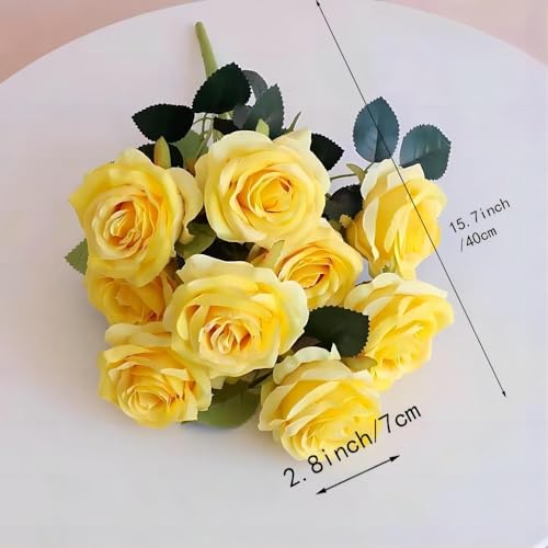 Jasion Artificial Roses Fake Flowers 10 Heads Arrangement Silk Bouquet Glorious Meanings for Home Office Parties and Wedding Decoration (Yellow) - color: Yellow