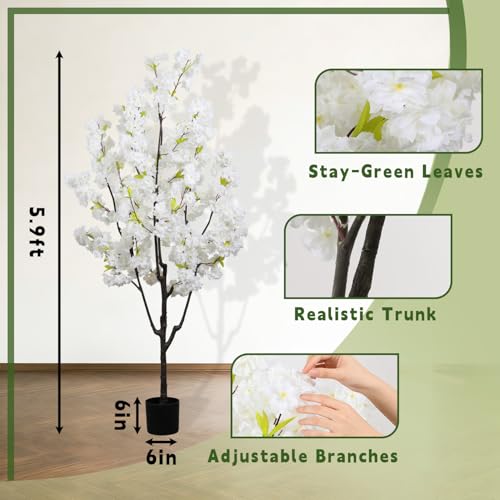 Indoor Cherry Blossoms Tree White Artificial Cherry Blossom Tree 6FT Faux Bedroom Trees for Home Christmas New Year Decor - color: White-ap24