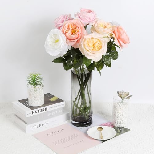 Real Touch Flowers, 2 Pcs 5.11" Pink Peonies Artificial Flowers with Stems, 25.60'' Fake Austin Roses Flowers with Long Stems for Bridal Bouquets Table Centerpiece Home Vase Decor (Pink) - color: Pink