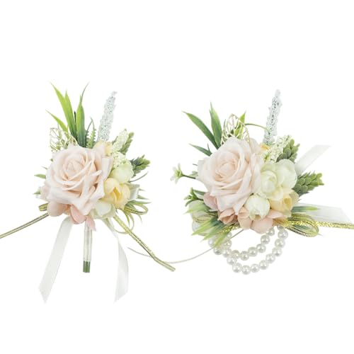 2 Pcs Wrist Corsage and Boutonniere Set, Blush Pink Corsage for Wedding, Boutonniere for Men Artificial Rose Flower Wristlet Bracelet Prom Ceremony Anniversary Accessories Decor Suit - color: Blush Pink