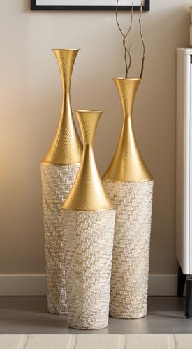 Tall Floor Vases Set of 3 for Decor Living Room Floor, Gold Vases Home Decor, Embossed Body Pattern, 35.43" H/31.5" H/27.56" H Geometric Cylinder (Gold 10) - color: Gold 10