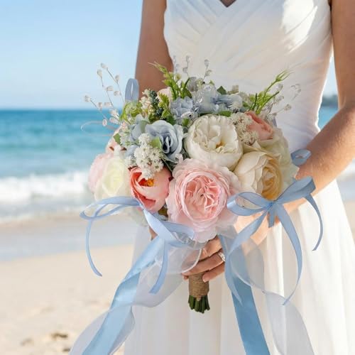 Wedding Bouquets for Bride, Pale Pink and Light Blue Bridal Bouquet | Realistic Silk Rose for Rustic Boho Church Ceremony, Proposal, Thanksgiving, Wedding Decor - color: Pale Pink and Light Blue