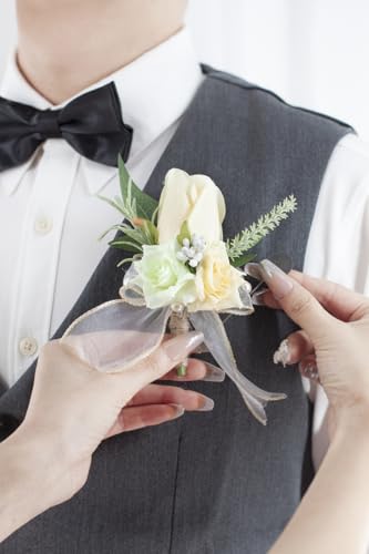 Champagne Corsage and Boutonniere Set for Wedding Prom, Artificial Rose Flower Homecoming Corsage Wristlet, Boutonniere for Men Wedding Suit Decor - color: Champagne