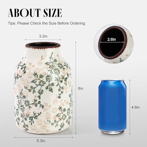 Beige and Green Vintage Rustic Ceramic Vase,Handcrafted Farmhouse Decorative Vase, Easy to Clean Perfect for Flowers Wedding Centerpiece or Shelf Decor 8Inch - size: 8.1In