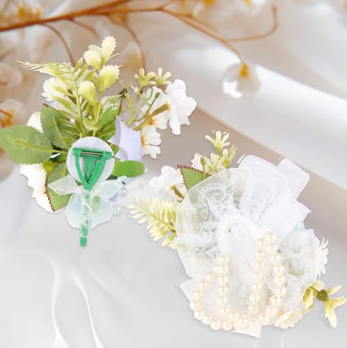 Wrist Corsage and Boutonniere Set, Artificial Rose Corsage Wristlet and Boutonniere for Wedding Prom Party (White 1 Boutonniere&1 Wrist Corsage) - color: White 1 Boutonniere&1 Wrist Corsage