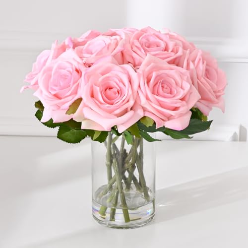 BLEUM CADE Luxury PU Fake Flowers in Vase with Faux Water, Pink Real Touch Roses Artificial Flowers with Glass Vase for Office Home Dining Room Centerpiece Table Decorations - color: Rose-pink