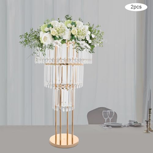 2Pcs 3 Tiers Wedding Centerpieces Vase, 28.34" Tall Wedding Centerpieces Crystal Flower Stand, 3-Tier Crystal Vase with 11.81" Round Base for Party Event Home Decoration (Gold) - color: 3 Tiers+gold+11.81" Round Base