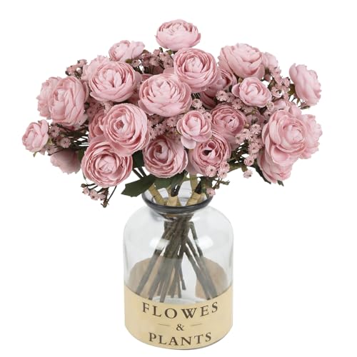 Pink Ranunculus Artificial Flowers 5 Bouquets Fake Silk Mini Ranunculus with Stems 15PCS Faux Peonies Spring Flowers for DIY Wedding Bride Shower Centerpieces Home Vase Filler Decor (Dusty Pink) - color: Dusty Pink