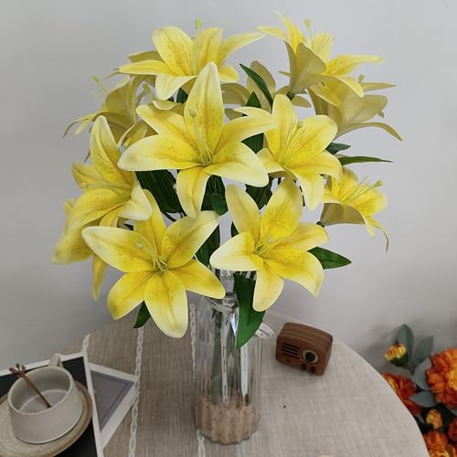 Artificial Lily Flowers,6 Pcs Faux Lily Flowers,23 Inch Long Stem Tiger Lily Branch with 3 Full Blooms and 4 Leaves, Latex Real Touch Lilium Flower for Wedding Bouquet (6, Yellow) - color: Yellow