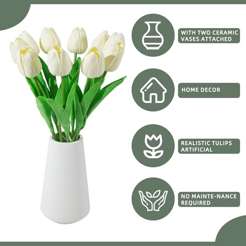 Real-Touch Artificial Tulips with Ceramic Vase, 10 Stems Faux Floral Arrangement, Spring Table Centerpiece, Modern Farmhouse Home Decor (White with Blue +vase) - color: White With Blue +Vase