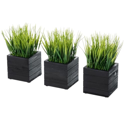 MyGift Artificial Green Grass Plants in Vintage Black Wood 4 Inch Planter Boxes, Faux Greenery in Decorative Square Crate Style Wooden Containers, Set of 3 - color: Black Wood