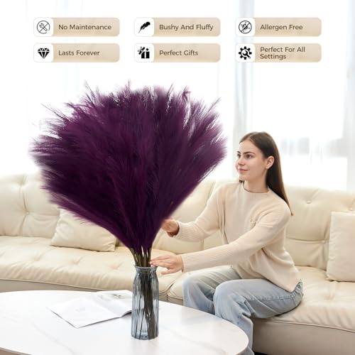 10 Pcs 39''/3.2FT Faux Pampas Grass Decor, Large Tall Fluffy Artificial Fake Flower, Bedroom Decor Boho Decor Pompas Floral for Vase Filler Farmhouse Home Wedding Decor (Purple) - color: Purple