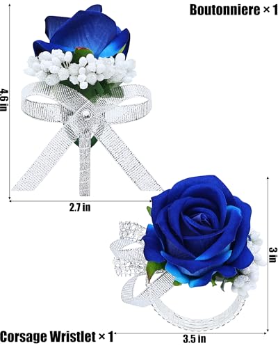 2Pcs Royal Blue Rose Corsage and Men Boutonniere Set Women Wristlet Band Wrist Bracelets, for Prom Wedding Ceremony Flowers Decorations and Homecoming Party Accessories - color: Royal Blue, size: 1 Boutonniere & 1 Wrist Corsage