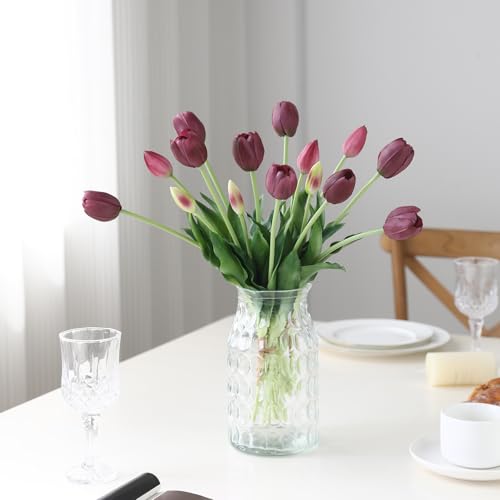 15 Pcs Deep Purple Artificial Tulips Fake Flowers, Premium Latex Lifelike Texture, UV Resistant Waterproof Faux Tulip Bouquets with Snap-on Petals for Outdoor, Home, Wedding Decor - color: Deep Purple