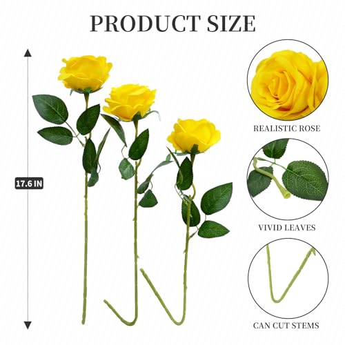 12pcs Rose Artificial Flowers, Fake Rose Silk Flower Bouquet, Faux Roses with Stems - 50cm, Roses Decor for Wedding & Home Decoration (Yellow) - color: Yellow