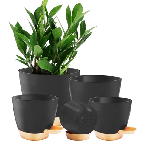 Self Watering Plant Pots with Drainage & Saucers, 5-Pack 7/6.5/6/5.5/5 in - Plastic Flower Pots for Indoor Plants, Succulents & Herbs, Planters for Indoor Outdoor & Balcony (Black) - color: Black