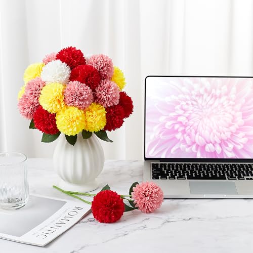 SITUMEIZI 12 Pcs Artificial Chrysanthemums Flowers Colorful Ball Flower Fake Mums Silk for Wedding Home Kitchen Decoration Floral Arrangement(Pink,Red,Orange,White) - color: Pink,red,yellow & White, size: 12 Pieces