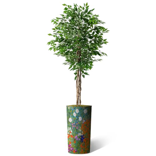 Artificial Tree in Colorful Flower Pattern Planter, Fake Ficus Silk Tree for Indoor and Outdoor Home Decoration - 75" Overall Tall (Plant Pot Plus Tree) - style: Ficus Tree