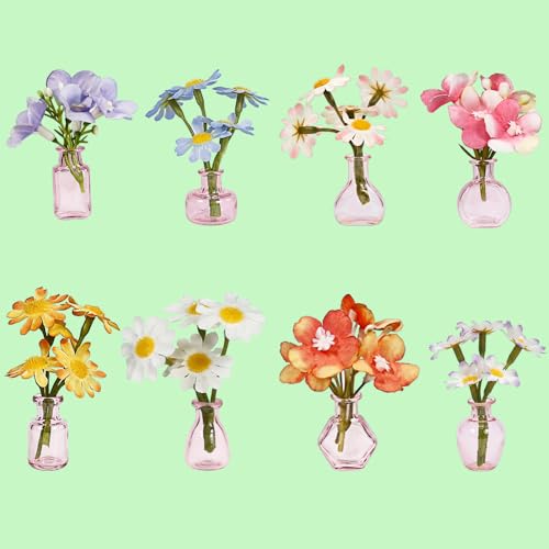 8Pcs Mini Vase Magnets for Fridge with Artificial Flowers Set Strong Magnetic Cute Decorative Bud Vases for Kitchen Office Locker Home Decor Small Flower Vase (Pink) - color: Pink