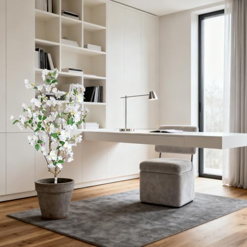 momoplant Artificial Cherry Blossom Tree 4.2FT Lifelike Silk Faux Tree Decorative Plant in Pot for Indoor Outdoor (White) - color: White