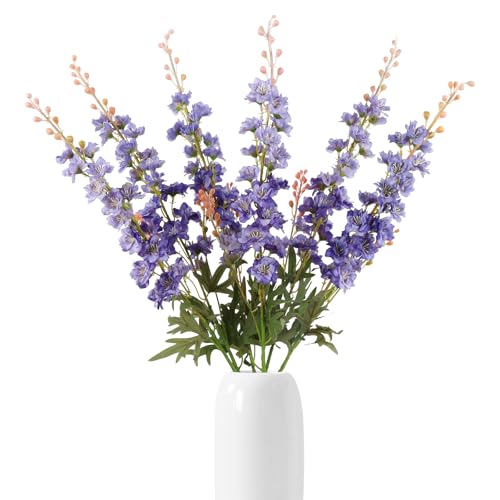 6 PCS Purple Delphinium Artificial Flowers, Long Stem Artificial Flowers with Bendable Stems, Silk Larkspur for Tall Vase Home Garden Wedding Table Decor - color: Purple
