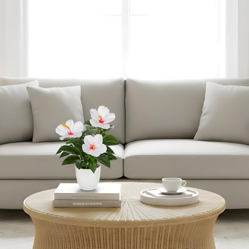 Briful Artificial Hibiscus Flowers in Pot, 14.5’’ Faux Hibiscus Plant, Spring Summer Flowers for Home Decor, Farmhouse Table Decor & Coffee Table Decor, Indoor Potted Fake Flower, White - color: White