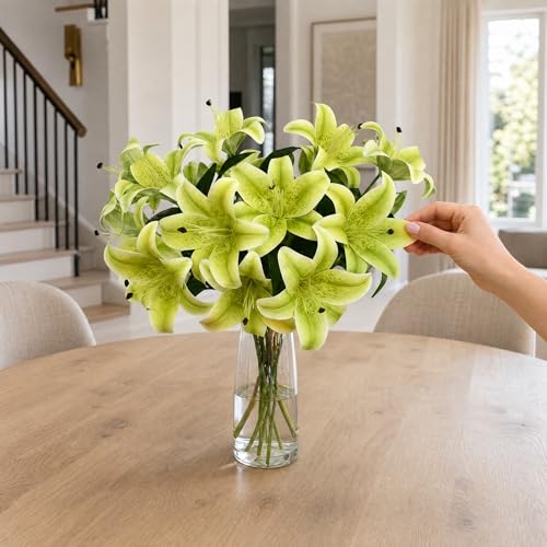 Artificial Lilies Flowers,10Pcs Faux Lily Flower,20''Tiger Lily Branch with 2 Full Blooms, Faux Fake Lilies Plants for Wedding Bouquet Home Party Indoor Floral Arrangements (10, Green) - color: Green