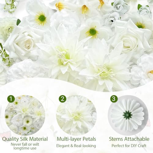 Artificial Flowers Heads White Silk Faux Flower Heads Fake Roses Peonies Orchid Lily Flowers Bulk for DIY Craft Cake Wedding Party Bridal Baby Shower Graduation Cap Table Home Decoration - color: White