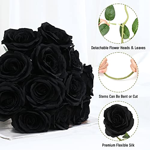 Waipfaru 12 Pcs Artificial Flowers Fake Silk Black Roses Bulk, Faux Real Touch Roses Bouquet with Long Stem for Wedding Party Home Decor (Black) - color: A-black, size: 12 Pcs