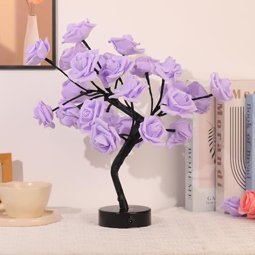 Drawelry Rose Flower Tree Lamp - LED Rose Tree Table Lamp USB/Battery Powered Artificial Bonsai Flower Night Light for Bedroom Living Room Party Wedding Birthday Decor (Purple) - color: Purple