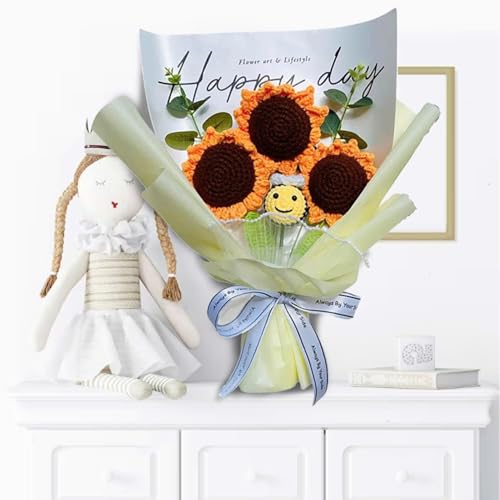 Completed Bee Crochet Flowers Bouquet, Handmade Knitted Bouquet, Crochet Artificial Flowers for Mother's Day Birthday, Wedding Home Decor, Gifts for Mom (Sunflower & Bee) - style: Sunflower & Bee