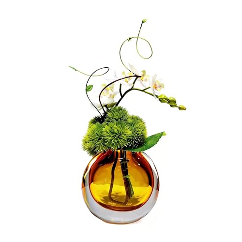 Artificial Orchids, White, in Translucent Bubble Glass Vase, Amber | Look Real, Realistic Appearance, Flower Arrangement - color: Amber
