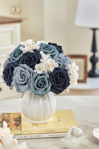 TINGE TIME Navy Blue Artificial Flowers Combo Box Set, Gradient Color Fake Flower Leaf with Stems for DIY Wedding Bouquets Table Centerpieces Baby Shower Home Party Floral Arrangements Decorations - color: Dusty Blue