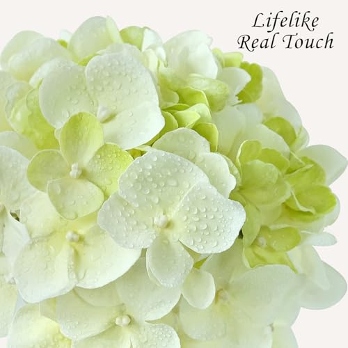 JINWOE Hydrangea Artificial Flowers, Green/White 4Pcs 21” Latex Real Touch Flowers, Full Faux Silk Flowers Fake Artificial Hydrangeas with Stems for Bouquet Table Centerpieces Wedding Baby Showers - color: Green/White