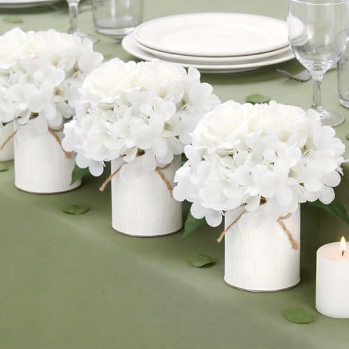 Flower Table Centerpieces - Set of 6 Floral Arrangement Artificial Wedding Hydrangeas Floral Arrangement with Rustic Metal Vase for Bridal Tea Party Event Decorations - White - color: White