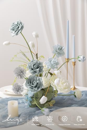 Ling's moment Fake Flowers Box, Faux Artificial Greenery Stems Foam Roses Gardenia Silk Eucalyptus Fabic Flower for Centerpieces Bouquet Wedding Vase Decorations, Dusty Blue & White, Grand Combo - color: Blu-dusty Blue & White, size: Grand