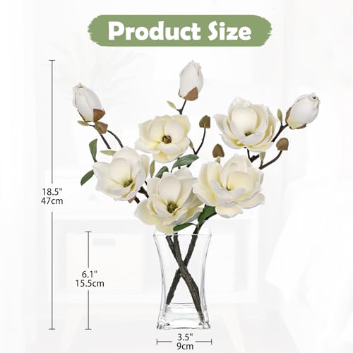 Briful Artificial Magnolia Flower Arrangement with Glass Vase, 18.5in White Faux Magnolia Flowers Fake Floral Centerpiece for Eleglant Home Office Room Table Shelf Décor - color: Cream White