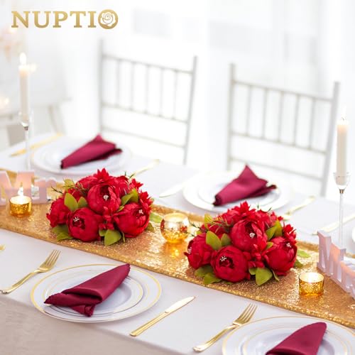 NUPTIO Peony Artificial Flowers for Centerpieces: 2 Pcs 9.4 inch Diam Red Faux Peony Flowers Fake Flower Balls Arrangement Bouquet Wedding Centerpieces for Tables Wedding Centerpiece Decorations - color: Red