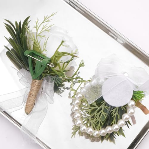 2Pcs White Rose Corsage Wristlet and Boutonniere for Men Set - Perfect For Prom Decorations Weddings Party Suit Flower Accessories - color: White Rose