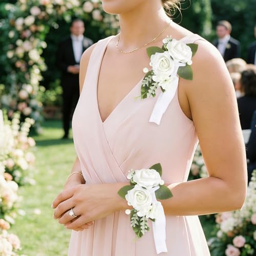 White Pearl Wedding Shoulder Corsage Artificial Flowers 2pcs Fake Rose Silk Wrist Flowers for Girl/Mother Homecoming/Prom Anniversary Corsages Wrist Decor (White Pearl) - color: White Pearl