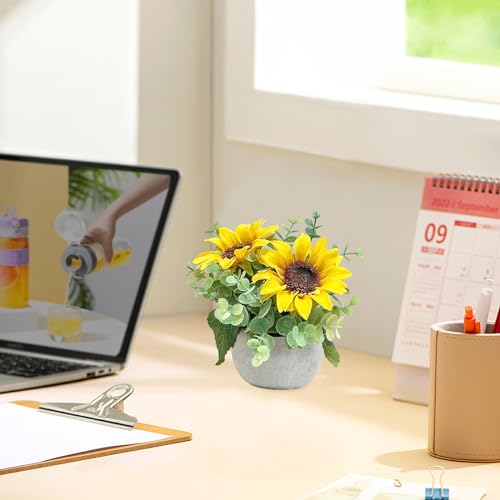 2 Pack Artificial Flowers with Pot, Silk Sunflowers with Eucalyptus Fake Potted Plants Sunflower Centerpieces for Tables Home Office Room Shelf Desk Plant Decor - color: 2 Pack Sunflowers