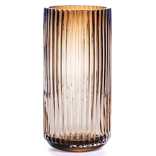 TIMEFOTO Flower Vase 10 inch Amber Thickened Hand Blow Glass Vase Round Vintage Striped Bottles for Bookshelf,Dinner Table,Indoor Office Desktop,Meeting Room,Bathroom,Home - color: Glass Amber, size: 10 inch