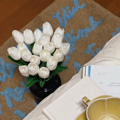 20PCS Artificial Tulip Flowers - 13.5" Real Touch Fake PU Tulips Bouquet Faux Spring Flowers (White) - color: White