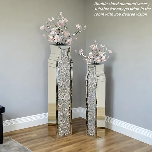 30" Tall Floor Vase, Double Sided Crushed Diamond Mirrored Vases,Large Flower Vase for Home Decor, Mirror Glass Decorative for Living Room,Office,Centerpiece (Crushed Diamond:4.7''L X 6.8''W X 30''H) - size: Crushed Diamond:6.8"L X 4.7"W X 30"H
