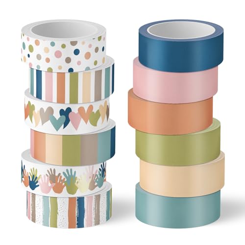 FYSUIMU 12 Rolls Boho Washi Tape Heart Handprint Polka Dots Decorative Masking Tapes Boho Colors Gift Wrapping Paper Tape for Scrapbook Journal DIY Art Crafts - style: Boho