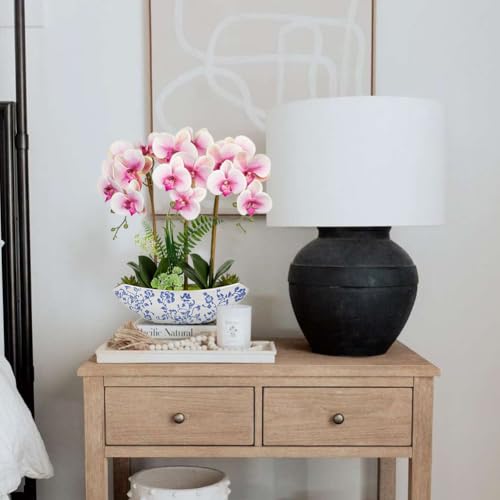 Briful Orchid Artificial Flowers 18in Pink Fake Orchid Silk Flowers with Blue and White Ceramic Pot Faux Phalaenopsis Arrangement for Home Office Room Dining Table Centerpiece Modern Decor - color: Pink-floral Pattern Vase