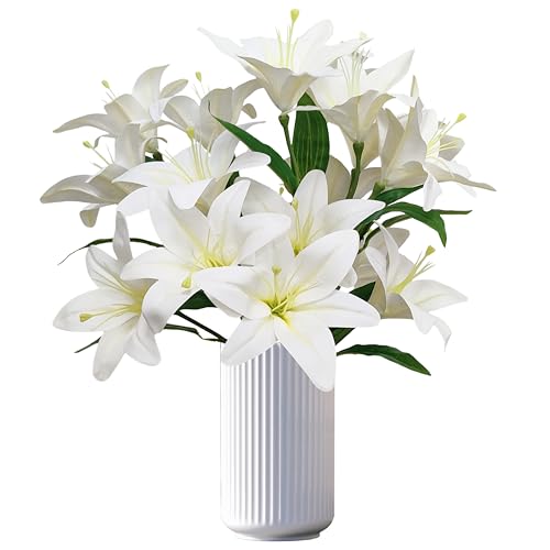 White Lilies Artificial Flowers,6 Pcs Faux Lily Flowers,23 Inch Long Stem Tiger Lily Branch with 3 Full Blooms and 4 Leaves, Latex Real Touch Lilium Flower for Wedding Bouquet - color: White