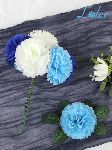 108pcs Carnation Head with Stem, Royal Blue White Artificial Flowers Carnations Bulk, 3.5" Silk Carnation Flower for Wedding Bouquet Table Centerpieces Floral Arrangement Funeral Cemetery Gravesite - color: Gradient Blue&white
