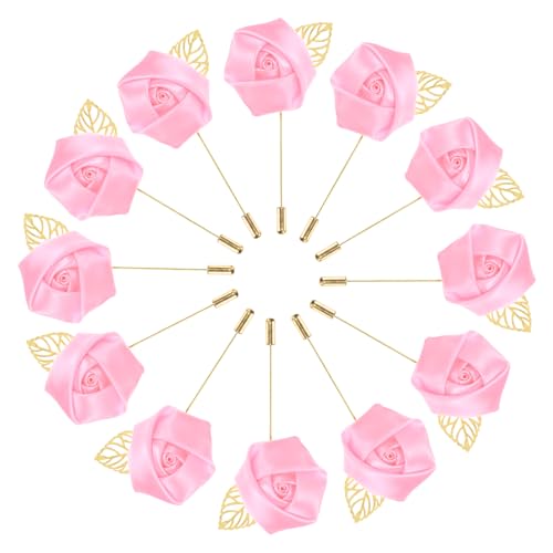 M METERXITY 12-Pack Flower Lapel Pins for Men, Golden Leaf Rose Boutonnieres Pin for Wedding/Dance/Party, Mens Lapel Pins for Suits Satin Flower Corsage Hat Pins [Pink] - color: Pink