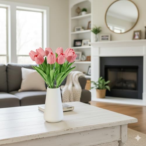 Real-Touch Artificial Tulips with Ceramic Vase, 10 Stems Faux Floral Arrangement, Spring Table Centerpiece, Modern Farmhouse Home Decor (White+vase) - color: White+vase
